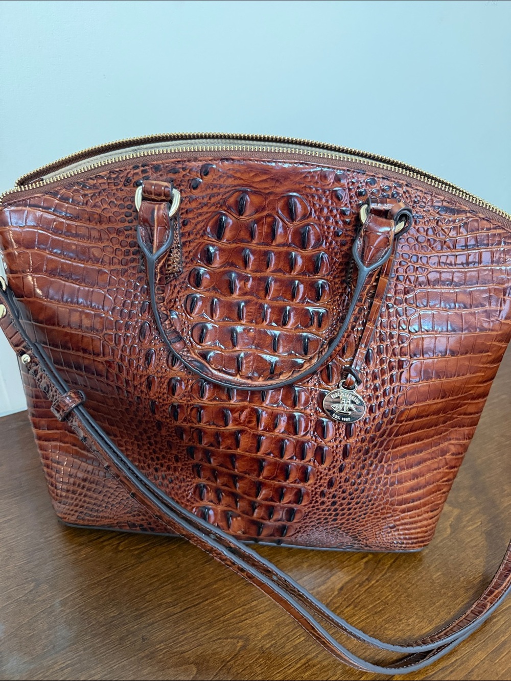 BRAHMIN LARGE Croc-Embossed Leather Satchel - Brown